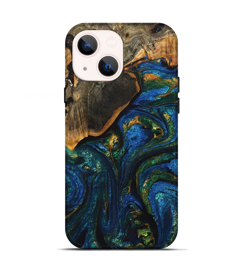 iPhone 13 Wood+Resin Live Edge Phone Case - Rocky (Teal & Gold, 710294)