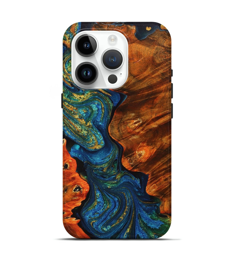 iPhone 15 Pro Wood+Resin Live Edge Phone Case - Cara (Teal & Gold, 710296)