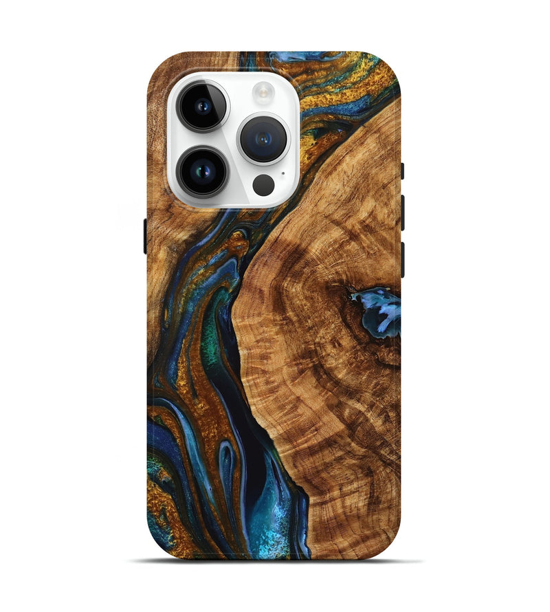 iPhone 15 Pro Wood+Resin Live Edge Phone Case - Staci (Teal & Gold, 710440)