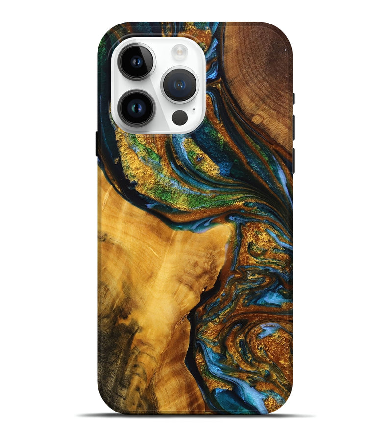 iPhone 15 Pro Max Wood+Resin Live Edge Phone Case - Kayleigh (Teal & Gold, 710441)