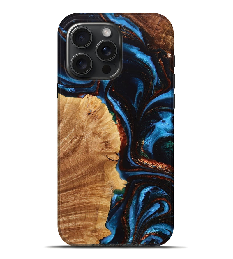 iPhone 16 Pro Max Wood+Resin Live Edge Phone Case - Eula (Teal & Gold, 710444)