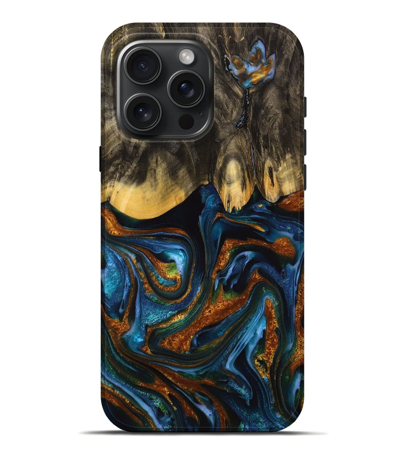 iPhone 16 Pro Max Wood+Resin Live Edge Phone Case - Jennie (Teal & Gold, 710445)
