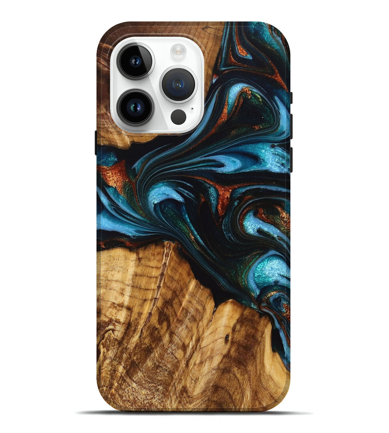 iPhone 15 Pro Max Wood+Resin Live Edge Phone Case - Lane (Teal & Gold, 710447)