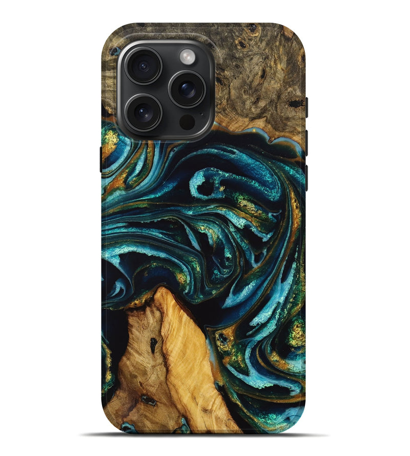 iPhone 16 Pro Max Wood+Resin Live Edge Phone Case - Dwayne (Teal & Gold, 710449)