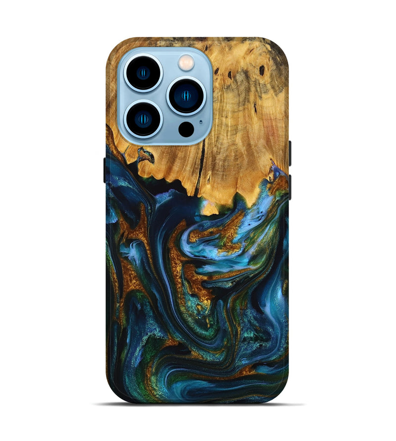 iPhone 14 Pro Wood+Resin Live Edge Phone Case - Dawson (Teal & Gold, 710451)