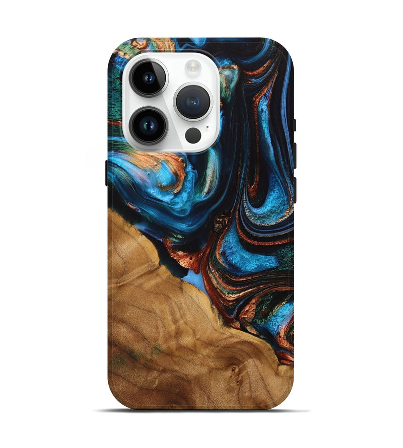 iPhone 15 Pro Wood+Resin Live Edge Phone Case - Tiffany (Teal & Gold, 710452)