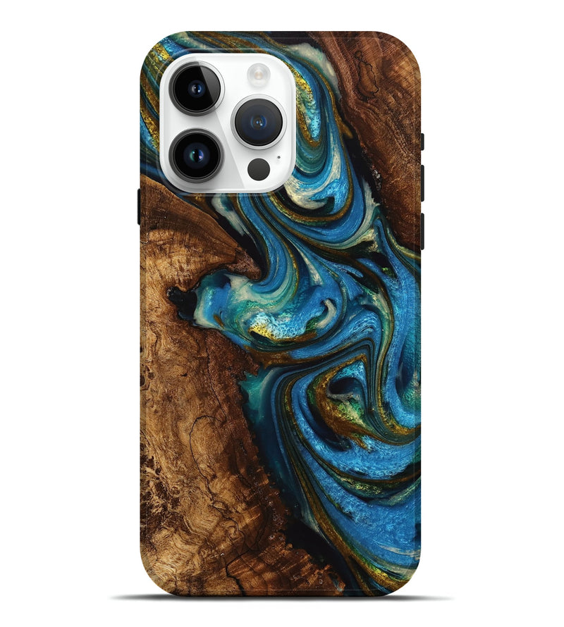 iPhone 15 Pro Max Wood+Resin Live Edge Phone Case - Morgan (Teal & Gold, 710453)