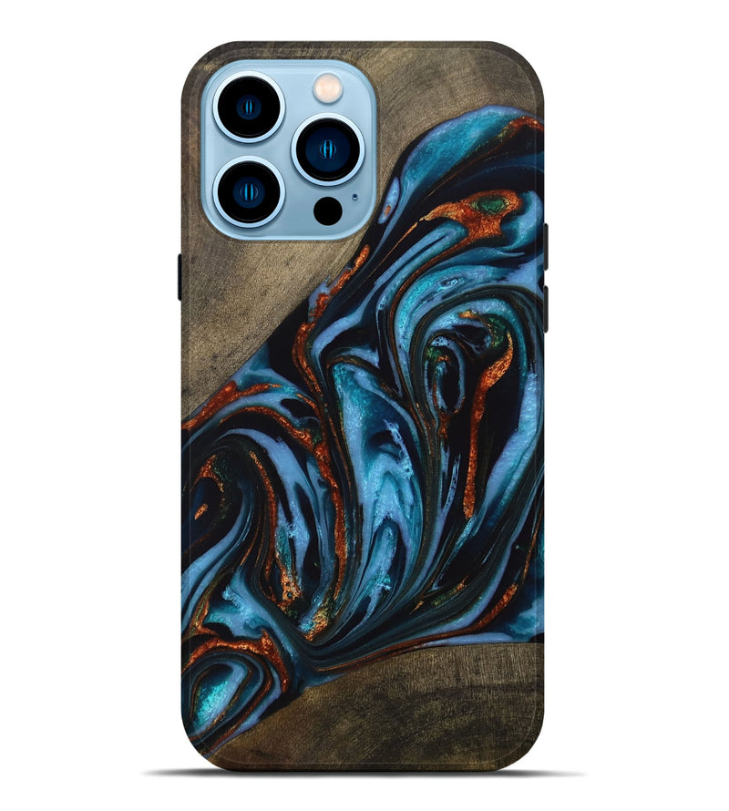 iPhone 14 Pro Max Wood+Resin Live Edge Phone Case - Delilah (Teal & Gold, 710454)