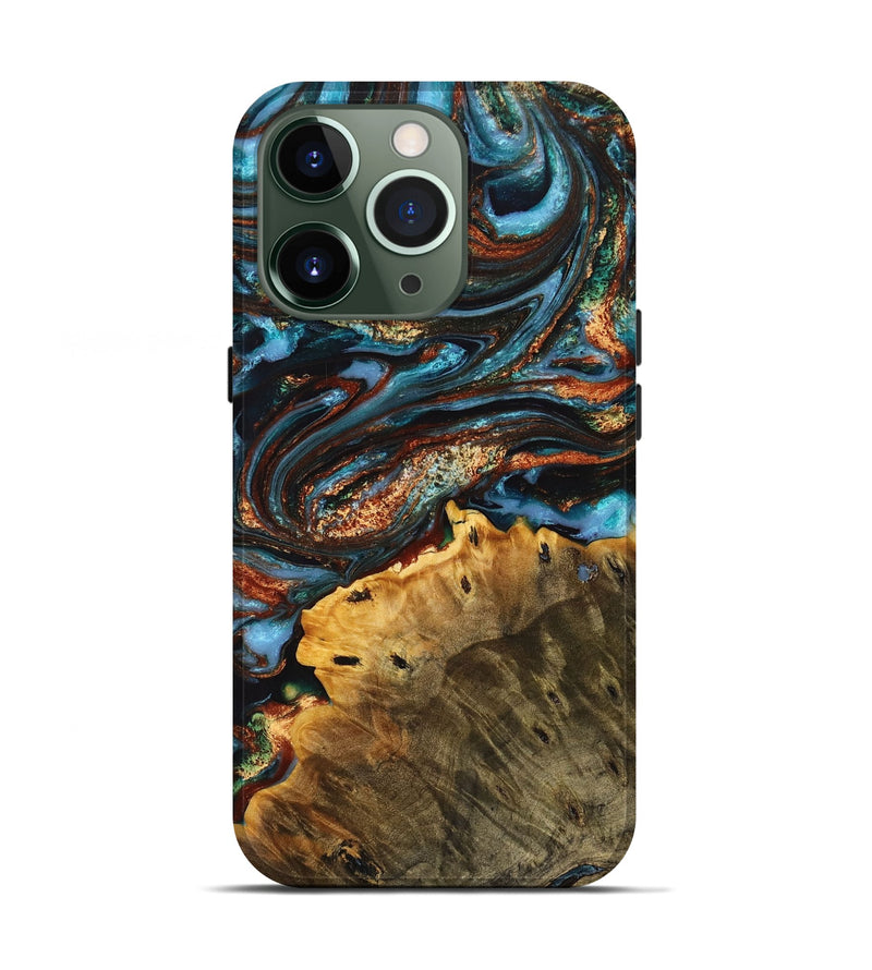 iPhone 13 Pro Wood+Resin Live Edge Phone Case - Giuliana (Teal & Gold, 710455)