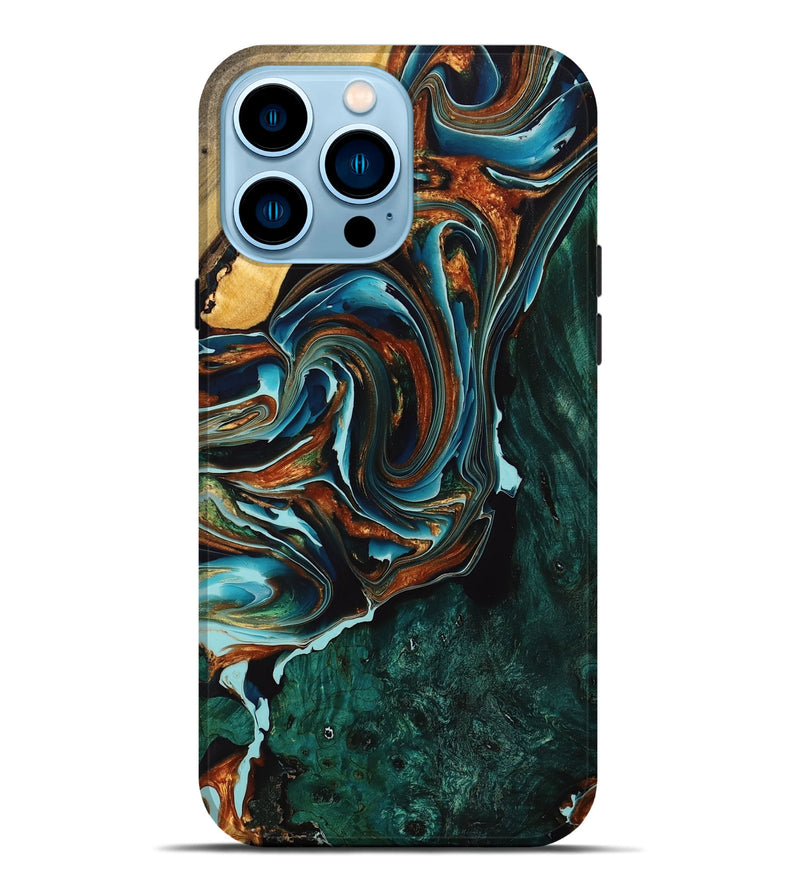 iPhone 14 Pro Max Wood+Resin Live Edge Phone Case - Arabella (Teal & Gold, 710457)