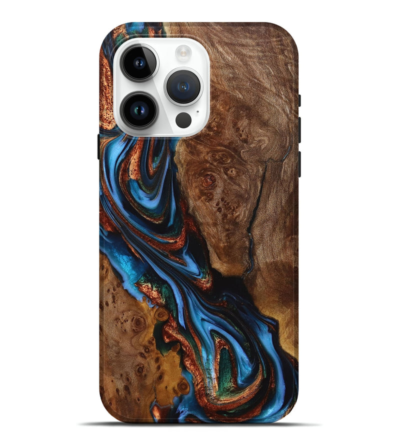 iPhone 15 Pro Max Wood+Resin Live Edge Phone Case - Dorothy (Teal & Gold, 710458)