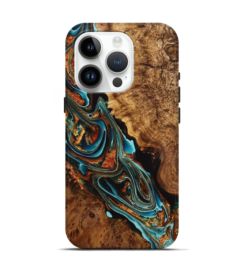 iPhone 15 Pro Wood+Resin Live Edge Phone Case - Lennox (Teal & Gold, 710461)