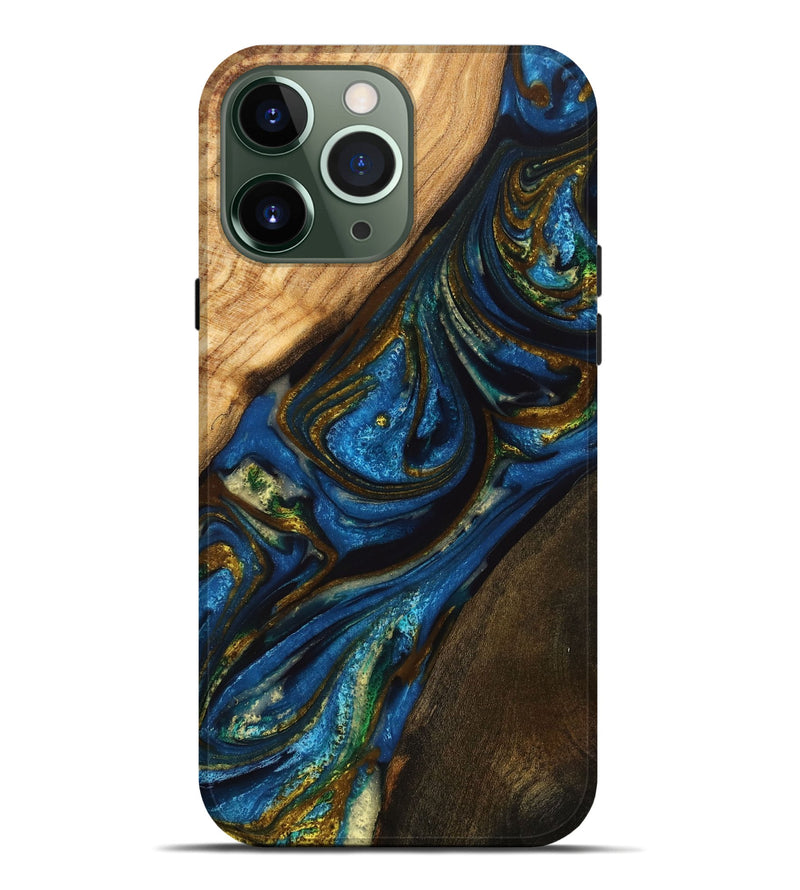 iPhone 13 Pro Max Wood+Resin Live Edge Phone Case - Keaton (Teal & Gold, 710463)