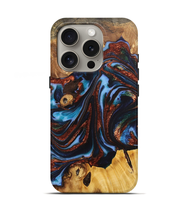 iPhone 16 Pro Wood+Resin Live Edge Phone Case - Shana (Teal & Gold, 711271)