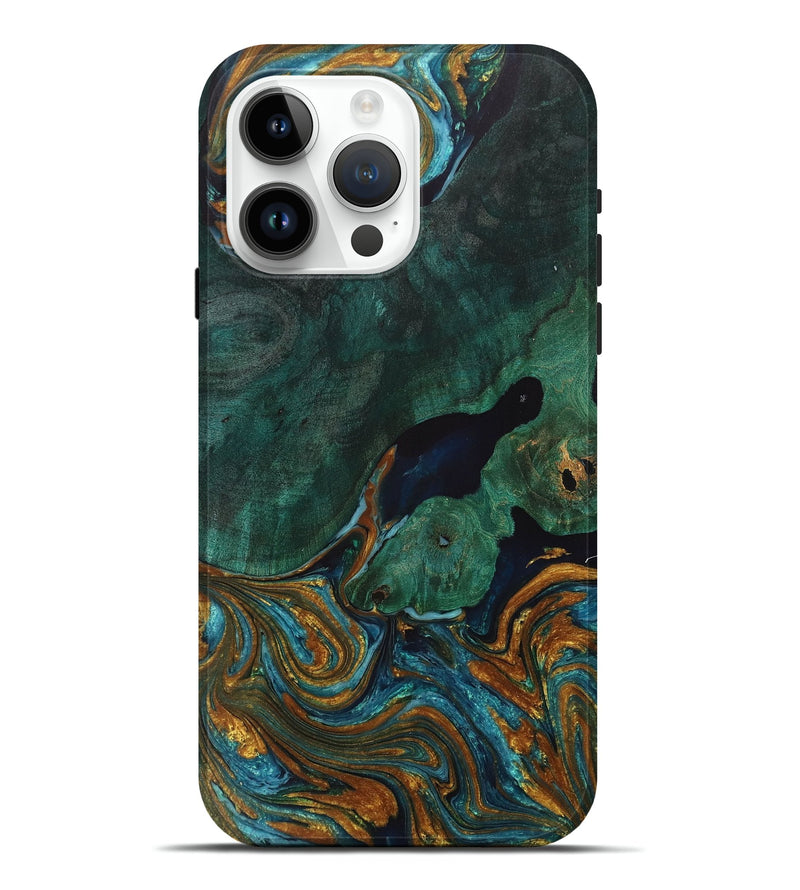 iPhone 15 Pro Max Wood+Resin Live Edge Phone Case - Elliot (Teal & Gold, 711272)