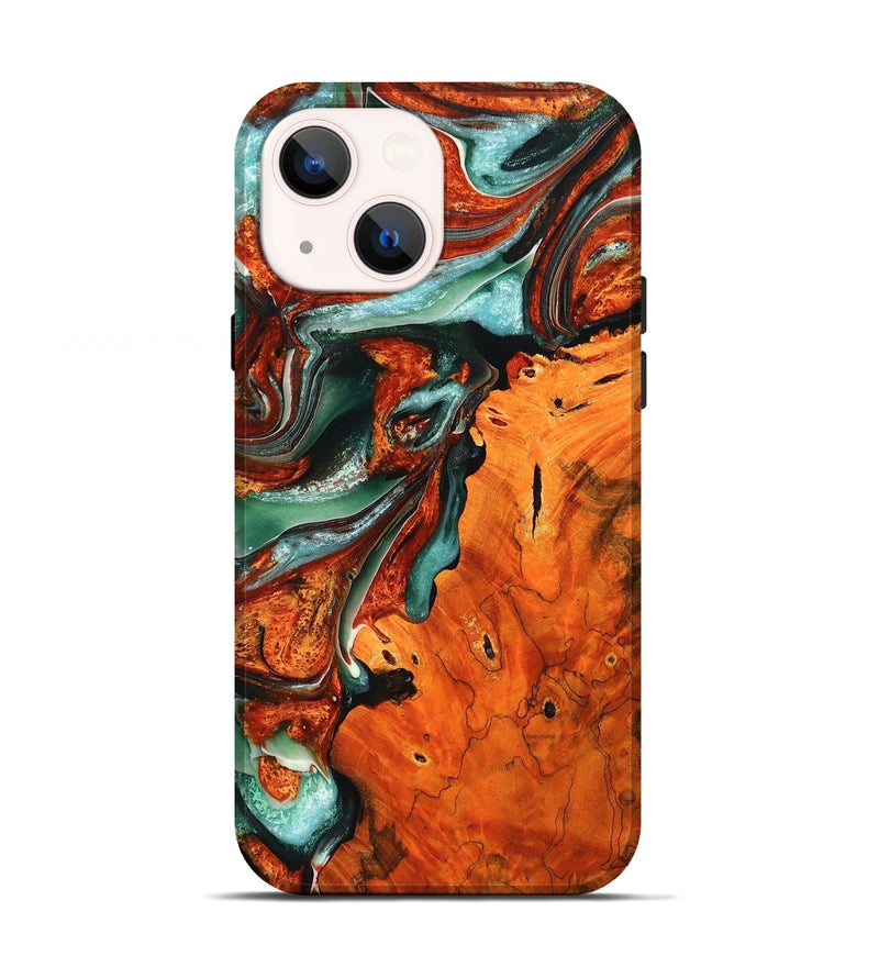 iPhone 13 Wood+Resin Live Edge Phone Case - Tiffany (Teal & Gold, 711294)