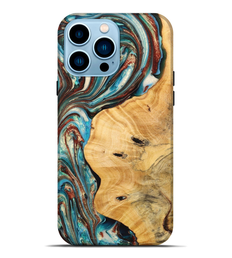 iPhone 14 Pro Max Wood+Resin Live Edge Phone Case - Lowell (Teal & Gold, 711295)