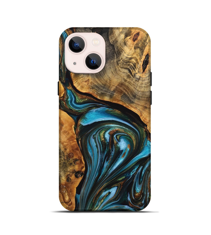 iPhone 13 mini Wood+Resin Live Edge Phone Case - Jaime (Teal & Gold, 711296)