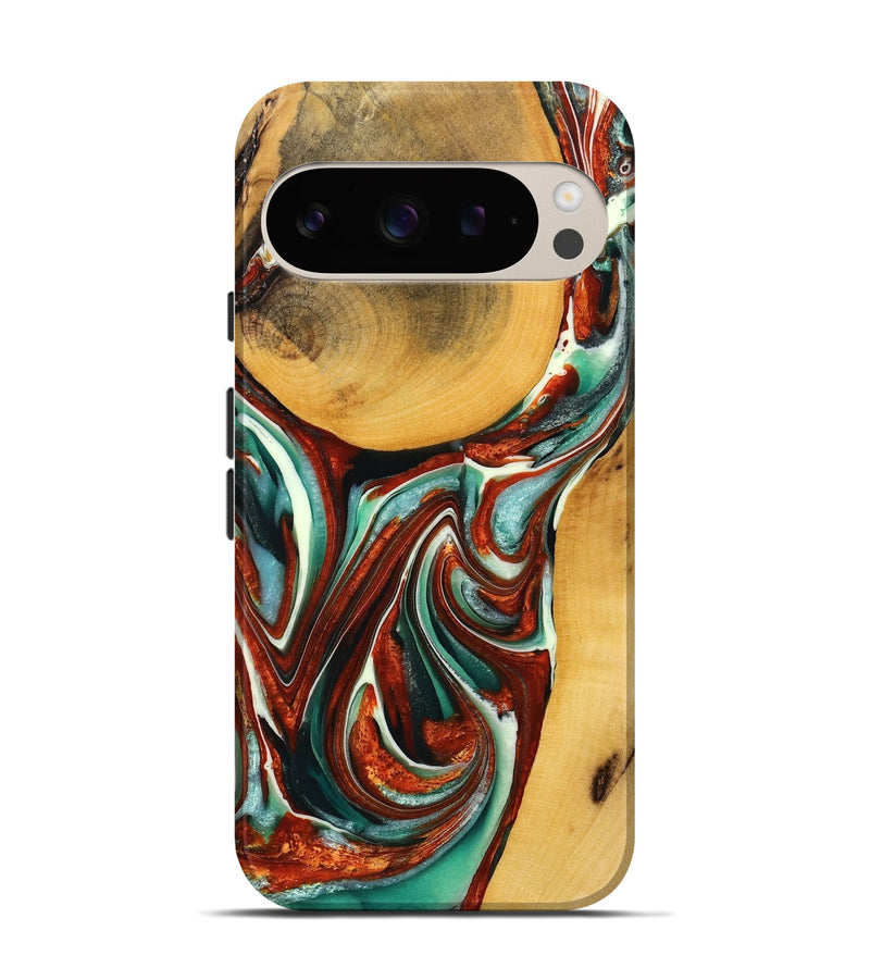 Pixel 9 Pro Wood+Resin Live Edge Phone Case - Ruby (Teal & Gold, 711298)