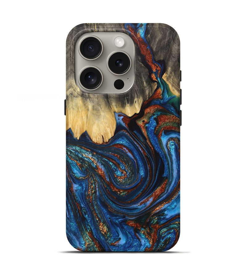 iPhone 16 Pro Wood+Resin Live Edge Phone Case - Adaline (Teal & Gold, 711682)