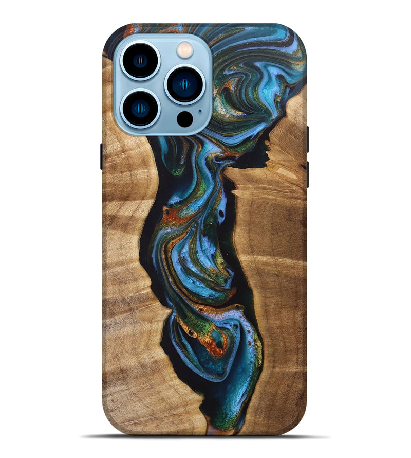 iPhone 14 Pro Max Wood+Resin Live Edge Phone Case - Estelle (Teal & Gold, 711683)