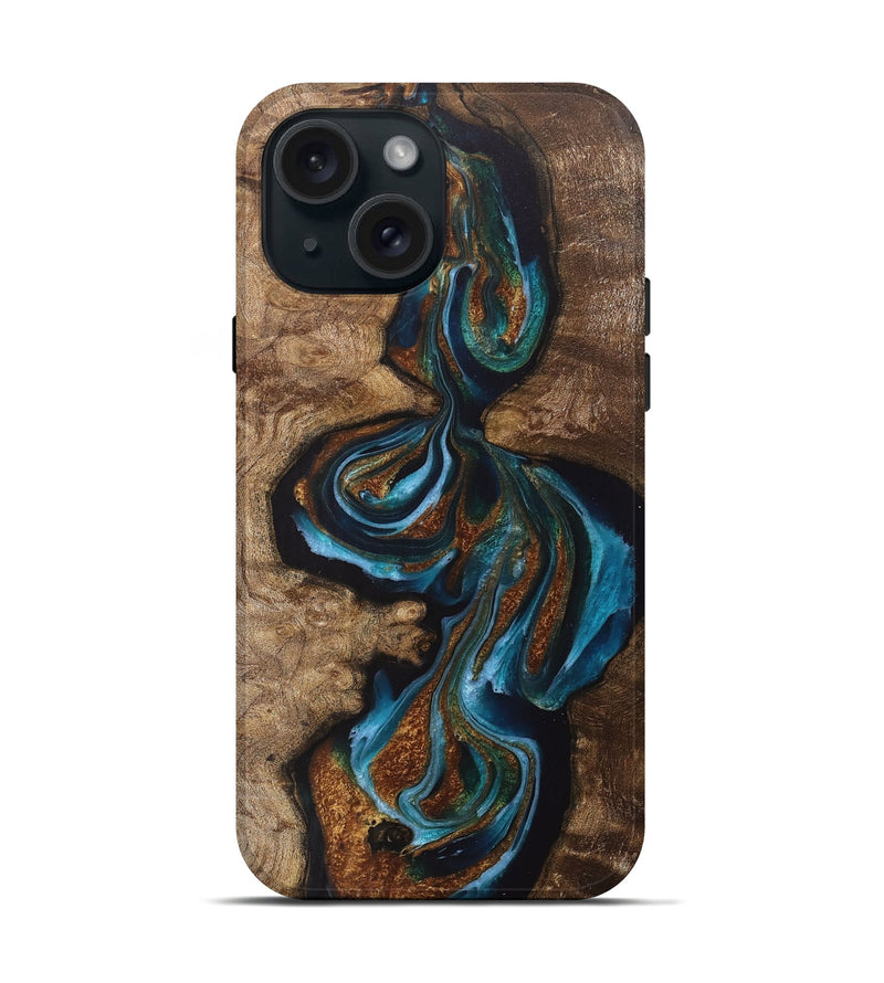 iPhone 15 Wood+Resin Live Edge Phone Case - Shelley (Teal & Gold, 711684)