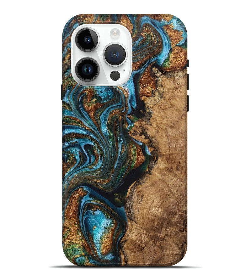 iPhone 15 Pro Max Wood+Resin Live Edge Phone Case - Ellis (Teal & Gold, 711686)