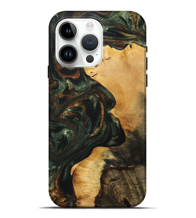 iPhone 15 Pro Max Wood+Resin Live Edge Phone Case - Nikolas (Teal & Gold, 711911)
