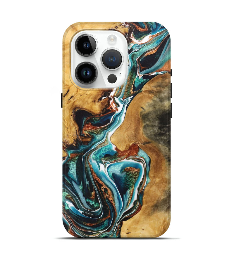 iPhone 15 Pro Wood+Resin Live Edge Phone Case - Anna (Teal & Gold, 712278)