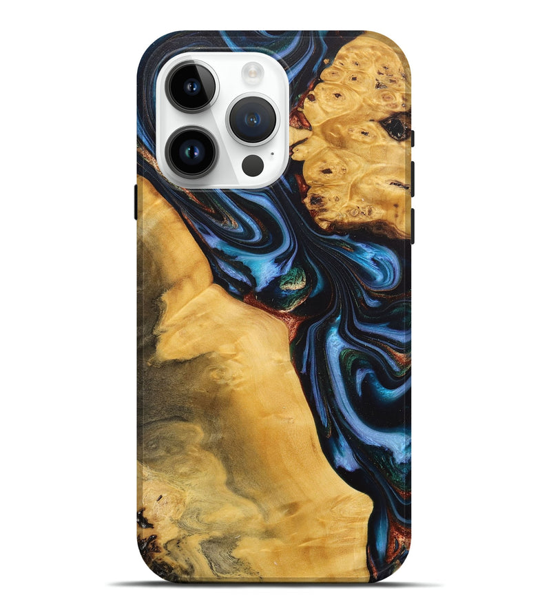 iPhone 15 Pro Max Wood+Resin Live Edge Phone Case - Jazmine (Teal & Gold, 712288)