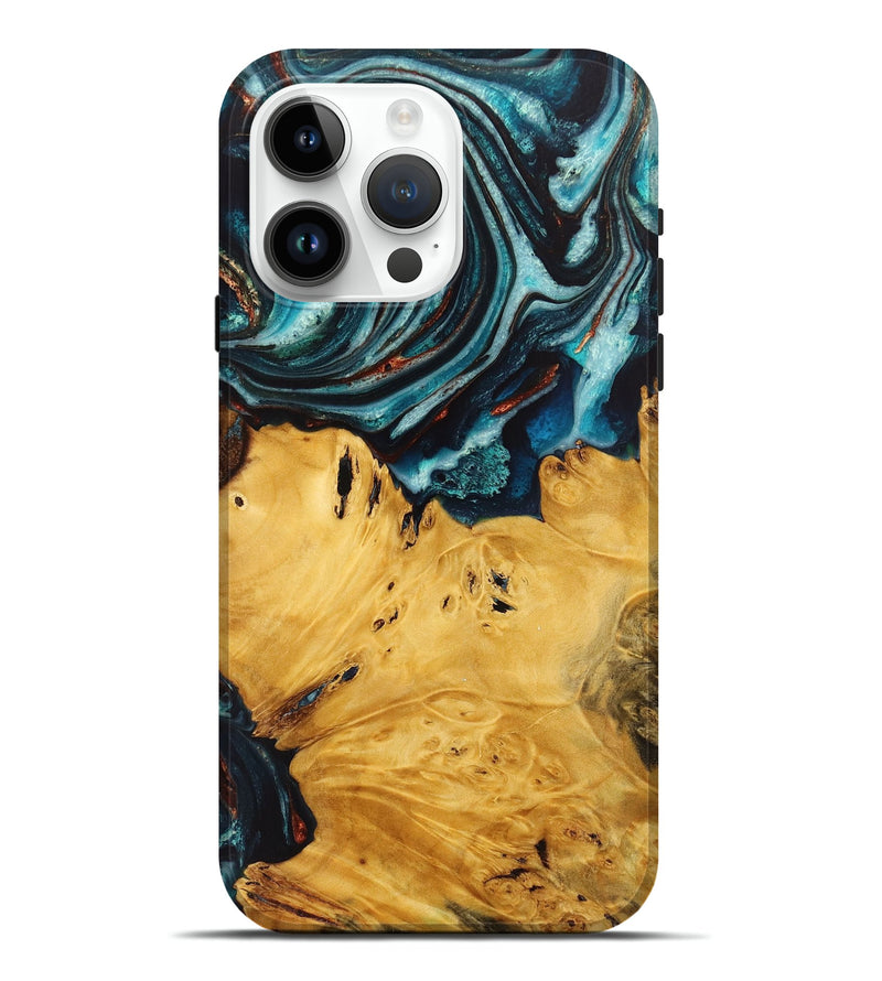 iPhone 15 Pro Max Wood+Resin Live Edge Phone Case - Madalyn (Teal & Gold, 712310)