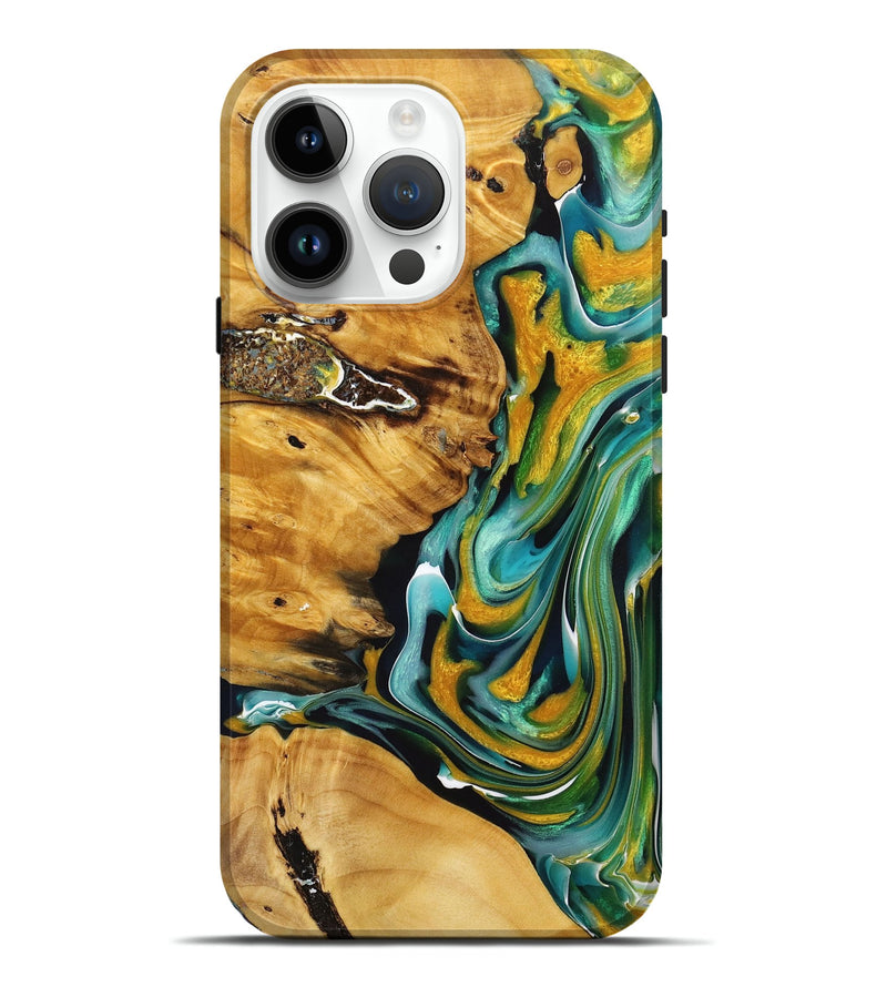 iPhone 15 Pro Max Wood+Resin Live Edge Phone Case - Jennie (Teal & Gold, 712312)