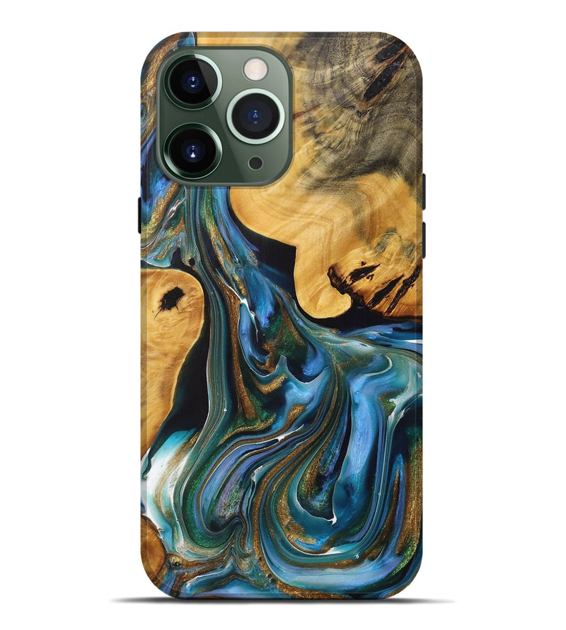 iPhone 13 Pro Max Wood+Resin Live Edge Phone Case - Nadine (Teal & Gold, 712314)