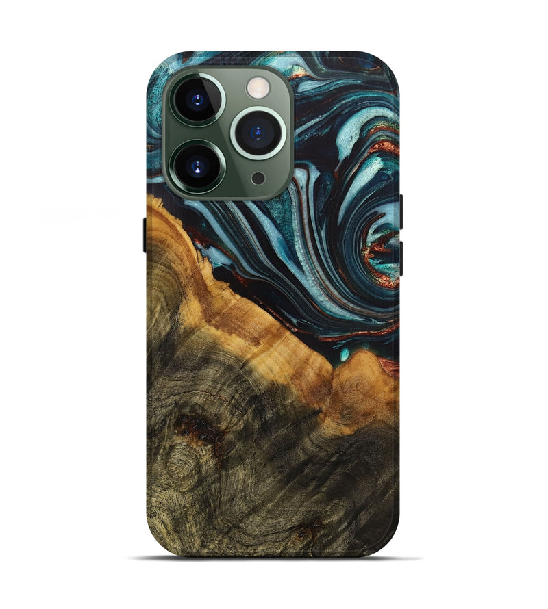 iPhone 13 Pro Wood+Resin Live Edge Phone Case - Armando (Teal & Gold, 712316)