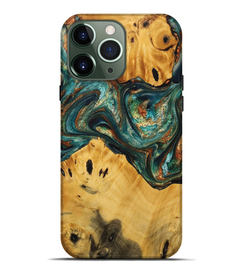iPhone 13 Pro Max Wood+Resin Live Edge Phone Case - Martin (Teal & Gold, 712340)