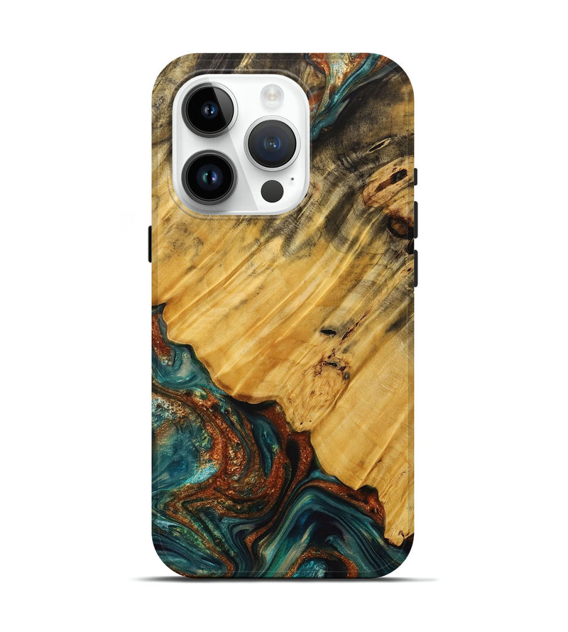 iPhone 15 Pro Wood+Resin Live Edge Phone Case - Frankie (Teal & Gold, 712341)
