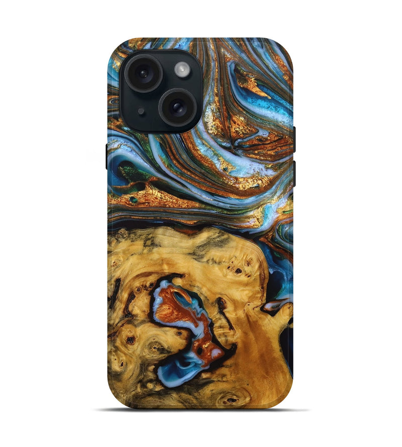 iPhone 15 Wood+Resin Live Edge Phone Case - Lennox (Teal & Gold, 712565)