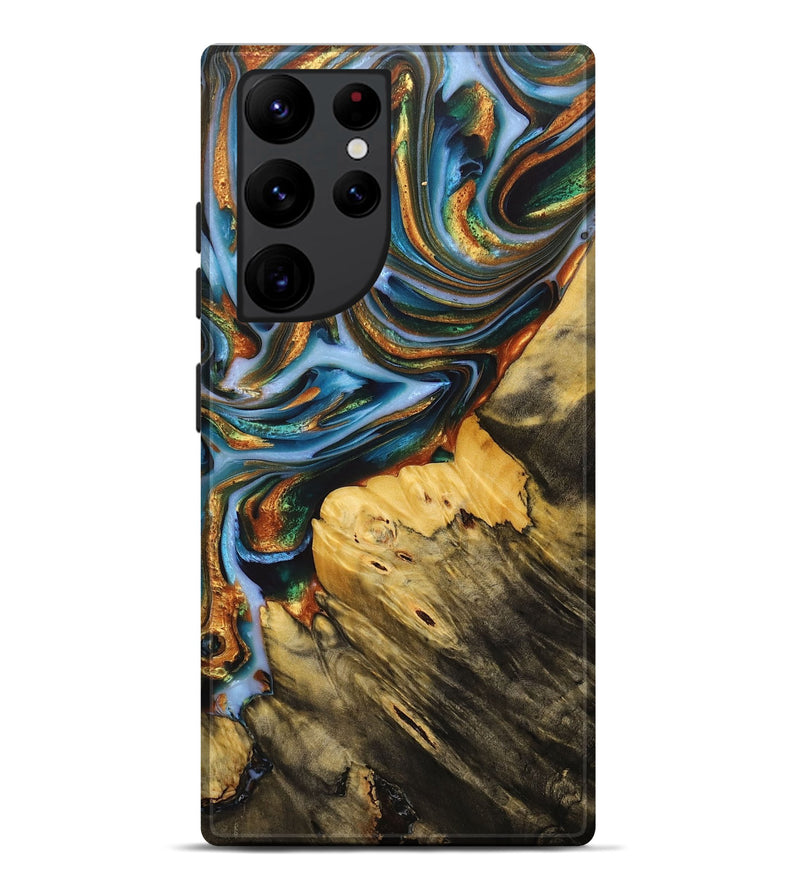Galaxy S22 Ultra Wood+Resin Live Edge Phone Case - Isabelle (Teal & Gold, 712566)