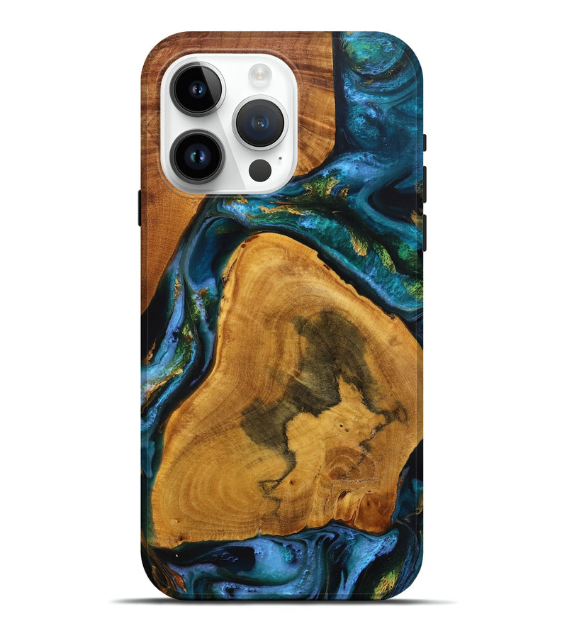 iPhone 15 Pro Max Wood+Resin Live Edge Phone Case - Marcos (Teal & Gold, 712742)