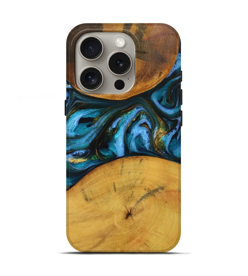 iPhone 16 Pro Wood+Resin Live Edge Phone Case - Adaline (Teal & Gold, 712743)