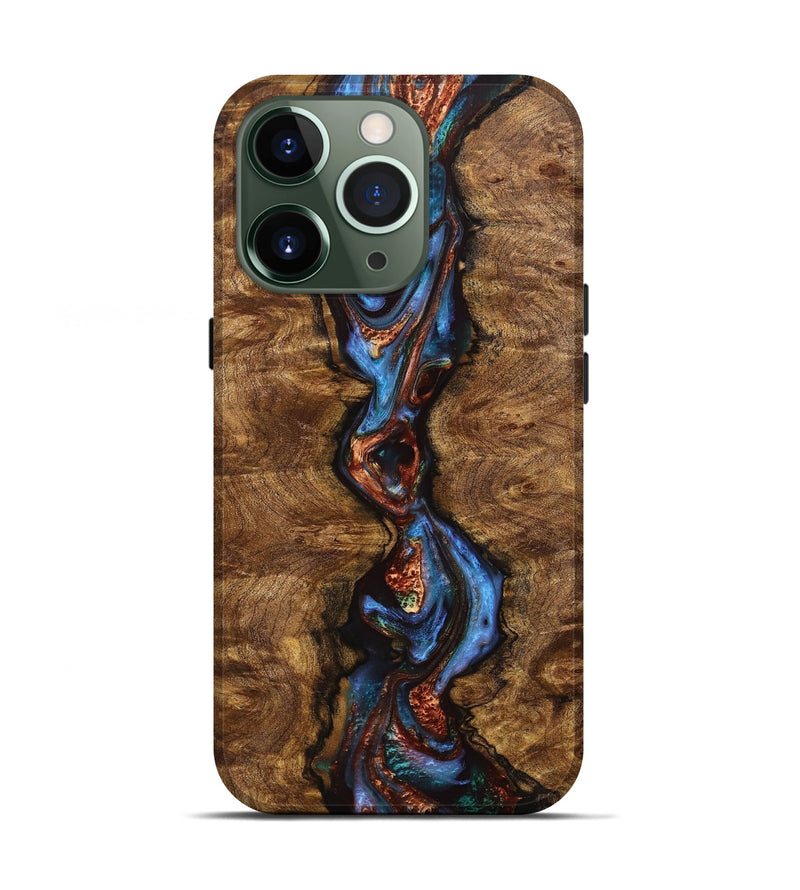 iPhone 13 Pro Wood+Resin Live Edge Phone Case - Olive (Teal & Gold, 712745)