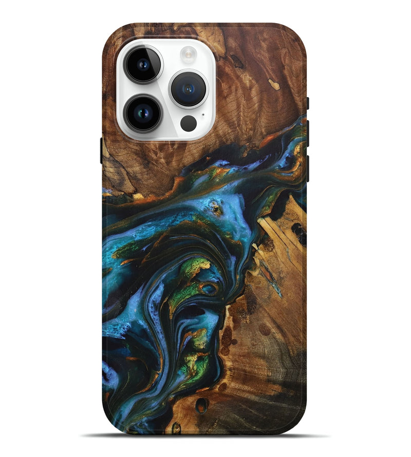 iPhone 15 Pro Max Wood+Resin Live Edge Phone Case - Tammie (Teal & Gold, 712747)