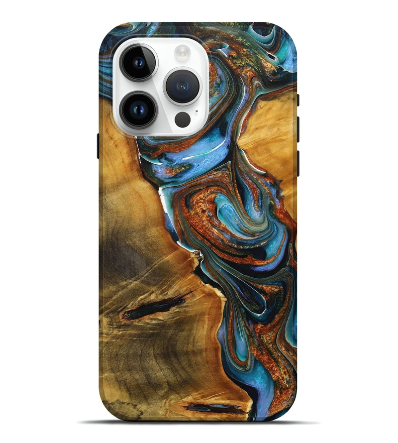 iPhone 15 Pro Max Wood+Resin Live Edge Phone Case - Goldie (Teal & Gold, 713051)