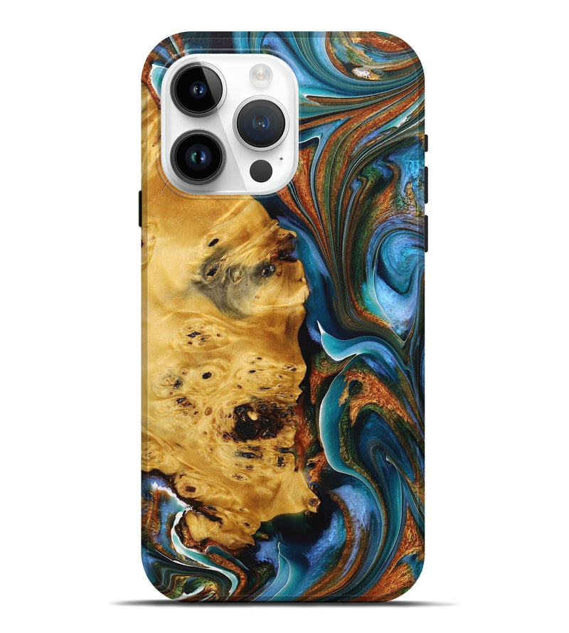 iPhone 15 Pro Max Wood+Resin Live Edge Phone Case - Jo (Teal & Gold, 713052)