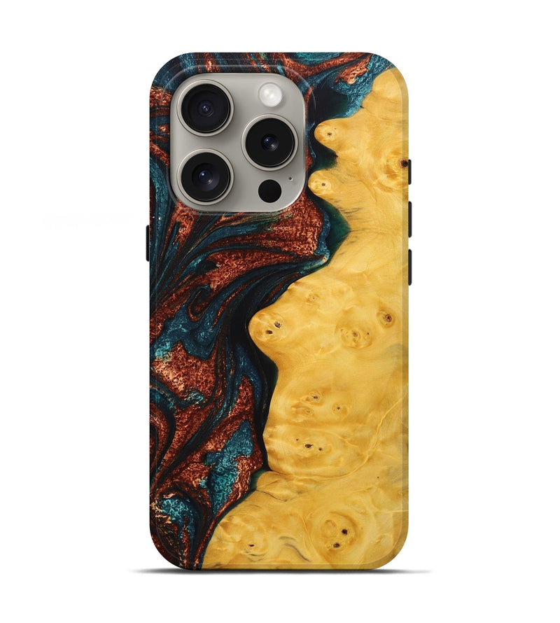 iPhone 16 Pro Wood+Resin Live Edge Phone Case - Caitlin (Teal & Gold, 713054)