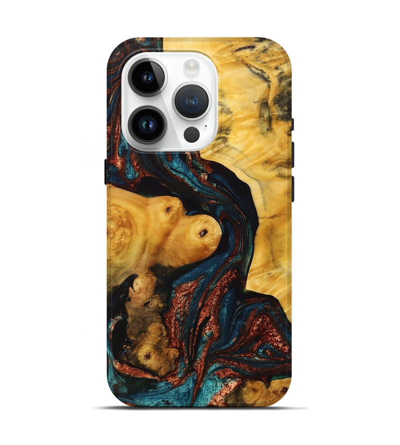 iPhone 15 Pro Wood+Resin Live Edge Phone Case - Malachi (Teal & Gold, 713057)