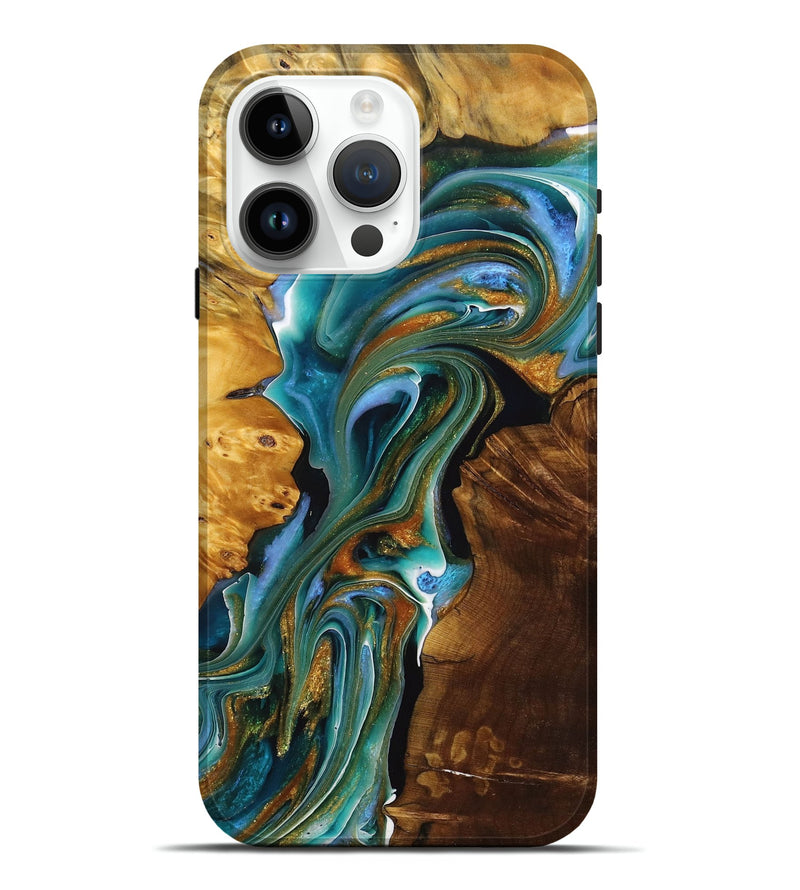 iPhone 15 Pro Max Wood+Resin Live Edge Phone Case - Athena (Teal & Gold, 713058)