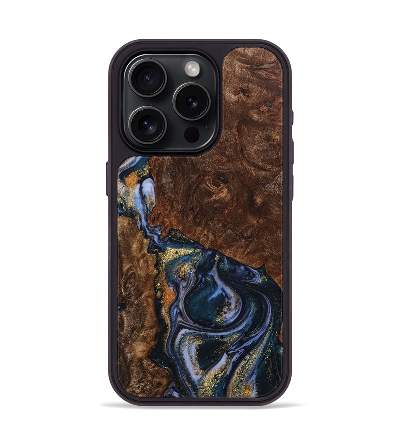 iPhone 15 Pro Wood+Resin Phone Case - Nasir (Teal & Gold, 713204)