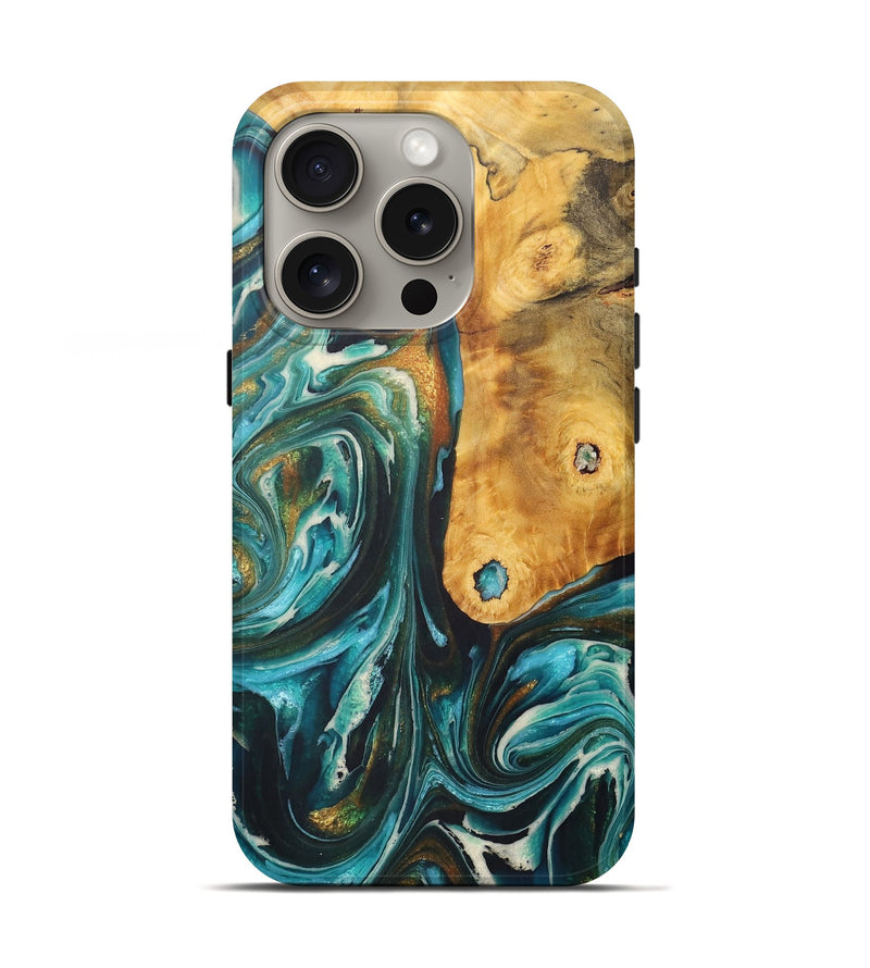 iPhone 16 Pro Wood+Resin Live Edge Phone Case - Colson (Teal & Gold, 713494)