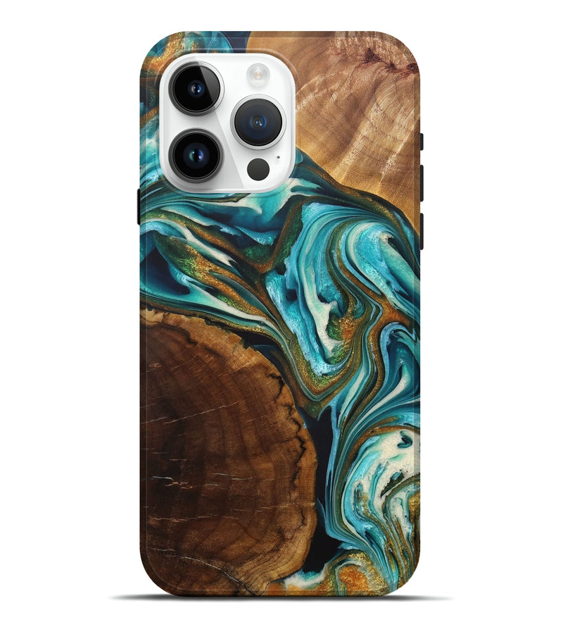 iPhone 15 Pro Max Wood+Resin Live Edge Phone Case - Marian (Teal & Gold, 713497)